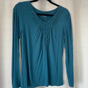 Teal Feminine Tee w/Intricate Embroidery Made of 100% Recycled Bottle Material